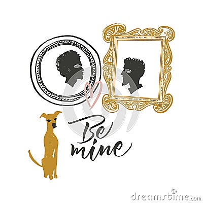 Illustration for Valentine`s day. Portraits of two lovers and waiting dog Vector Illustration