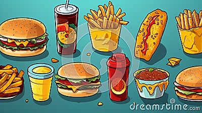 Illustration of various fast foods, top view, hamburger, hot dog, french fries, drinks on a blue background Stock Photo