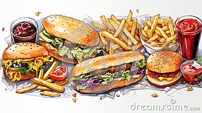 Illustration of various fast foods, top view, hamburger, hot dog, french fries, drinks on a light background Stock Photo
