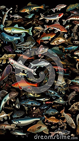 Illustration of various fish species, vivid colors, AI generative Cartoon Illustration