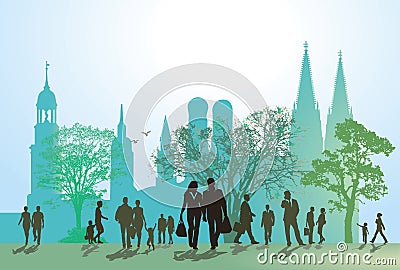 Old town pedestrians in silhouette Vector Illustration