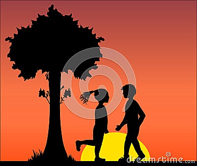 Illustration vector black silhouette of lovers Couple in love of man and woman under the tree, sentimental, flower, date Vector Illustration