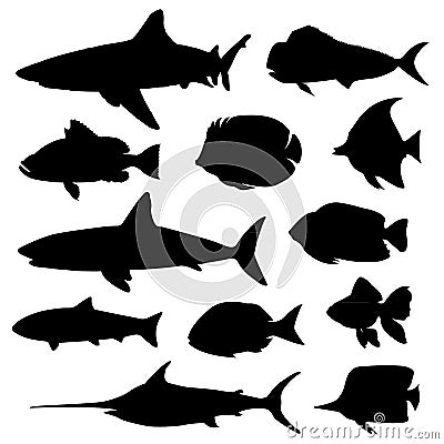 Illustration vector of different kinds of Fish Silhouette. Vector Illustration