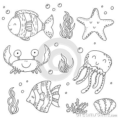 Illustration Vector doodle set of elements of marine life. Underwater World collection. Icons and symbols hand drawing sketch Vector Illustration