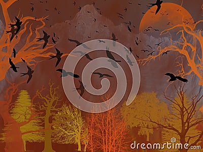 Illustration or vector of a fantasy of a forest on fire with flight of birds and a moon behind the mountains Stock Photo