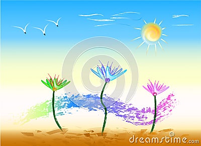 Dance of flowers on a sunny day, landscape in color Vector Illustration