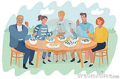 Friends having fun and eating food and drinking. Vector Illustration