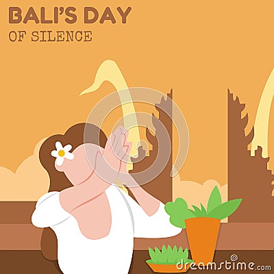 illustration vector graphic of a Balinese woman prays in front of the handara gate Vector Illustration