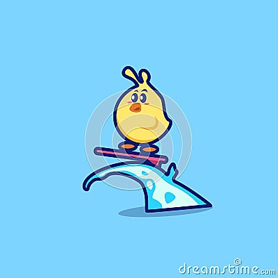 Illustration vector graphic of cute chick surfing on the beach Vector Illustration