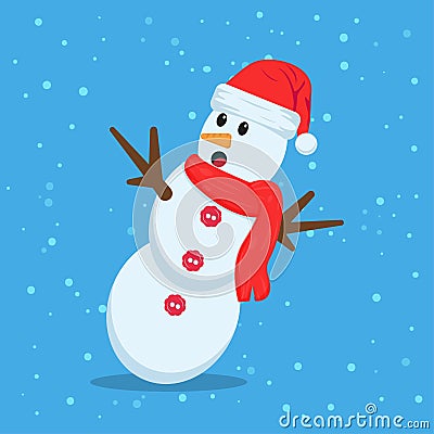 Illustration vector graphic of the cute snowman using santa claus hat and red scarf who was slipping. Blue background. Suitable Vector Illustration