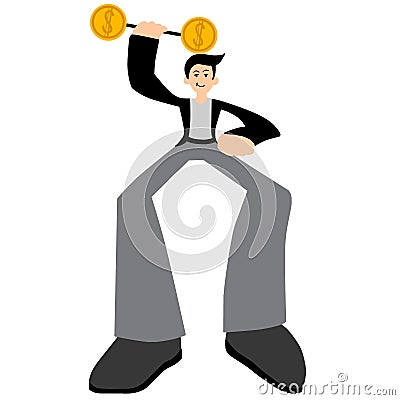 Illustration vector graphic of a man lifts up coin barbell Vector Illustration