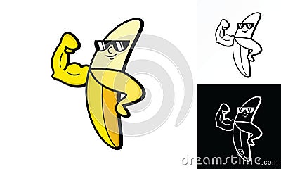 Illustration vector graphic of muscle banana showing his bicep. Vector Illustration