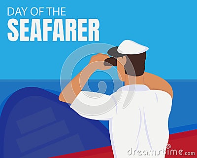 illustration vector graphic of a sailor looks through binoculars over the ship Vector Illustration