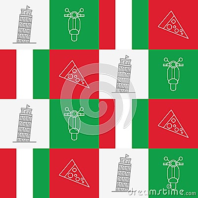 Illustration vector graphic of scooter, pizza and leaning tower of Pisa in pattern design. Vector Illustration