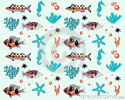 Marine life illustration pattern vector corral, shell, scallop, starfish, deep sea background layout silhouette printable Vector Illustration