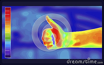 Illustration vector graphic of thermal Image Scanning Closeup of male hand showing thumbs up sign against on blurred background. Vector Illustration