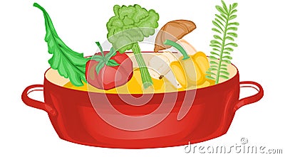 Illustration Vector Graphic of Vegetables enter the boiling water in a red pan and will be made into soup Stock Photo