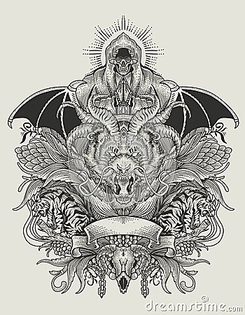 Hand drawing dragon head with two tiger and death angel Vector Illustration