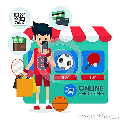Happy sportsman sit in front computer, search and buy Vector Illustration