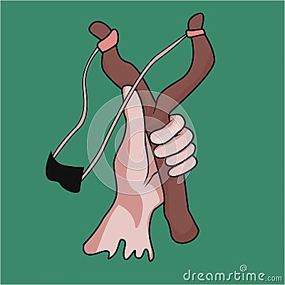 Illustration of vector image of a hand holding a wooden catapult Vector Illustration