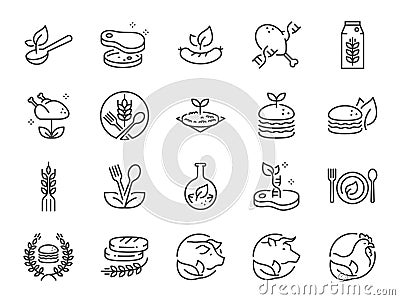 Plant-based Food line icon set. Included the icons as Bio-engineered Food, vegan, Vegetarian, meal, burger, Nutritious, and more. Vector Illustration