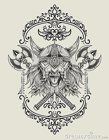 Illustration vector viking head with two ax Vector Illustration
