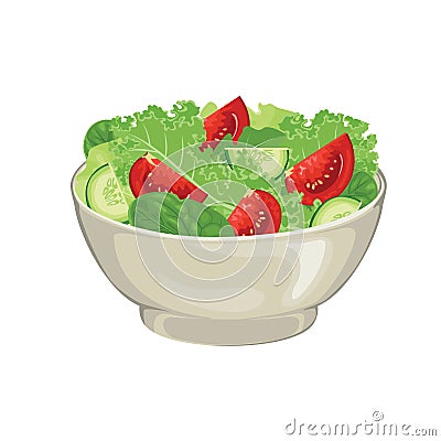 Illustration of vegetable salad in bowl. Fresh green salad leaves, tomato and cucumber slices In cartoon simple flat style. Vector Illustration