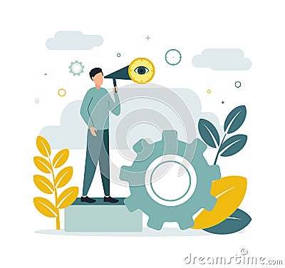 Illustration of video surveillance. A man looks into a suspicious pipe. A man stands near the gear and watches. Vector Illustration