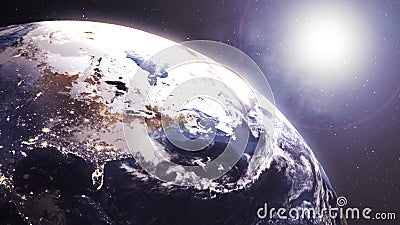 Illustration of View angle Beautiful Sunrise over the America Earth.Changing from City light Night to Day time.3D Motion graphic Stock Photo