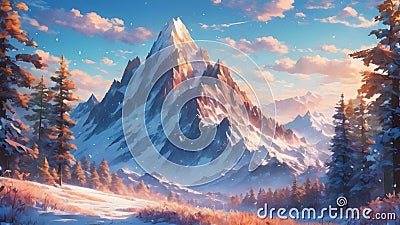 illustration of a view of a mountain with sunny weather and warm morning light Cartoon Illustration