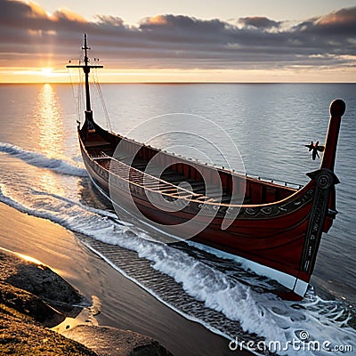 Illustration of a Viking Longship at sunrise Stock Photo