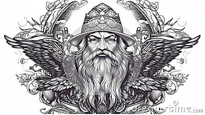 Viking warrior with wings and helmet, illustration for tattoo Cartoon Illustration