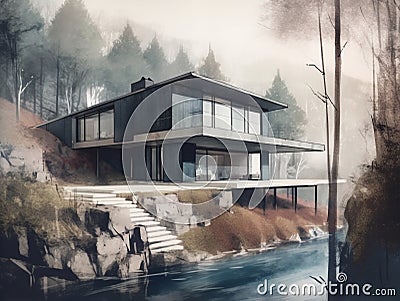 Illustration of a villa with a modern architecture built on rocky land. Stock Photo