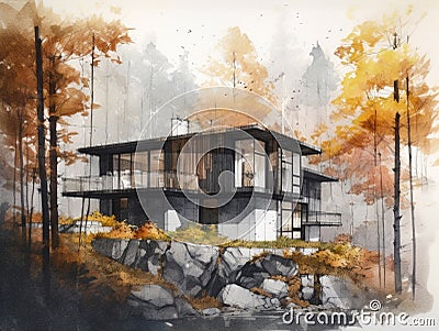 Illustration of a villa with a modern architecture built on rocky land. Stock Photo