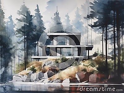 Illustration of a villa with a modern architecture built on rocky land. Stock Photo