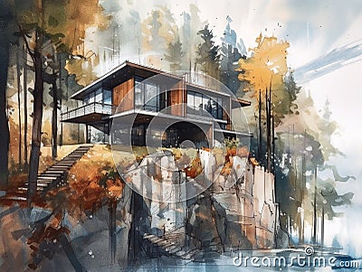 Illustration of a villa with a modern architecture built on rocky land. Stock Photo