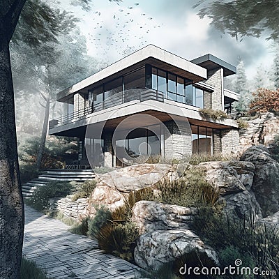 Illustration of a villa with a modern architecture built on rocky land. Stock Photo