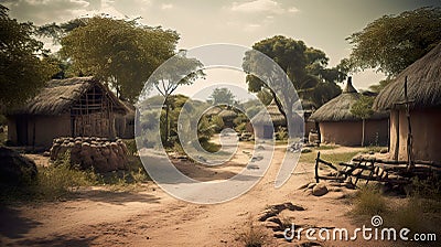 Illustration of a village in Africa with a small path. Empty African village seen from above with intriguing details. Cartoon Illustration