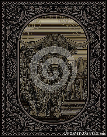 illustration vintage bull with engraving style Vector Illustration