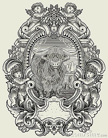 illustration vintage bull with engraving style Vector Illustration