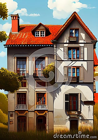 Illustration: Vintage European House and Lush Garden Under Blue Skies Cartoon Illustration