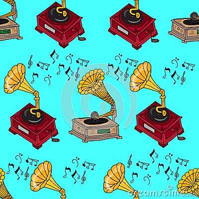 Illustration vintage music. Vintage music card with gramophone. Seamless pattern gramophones. Vector Illustration