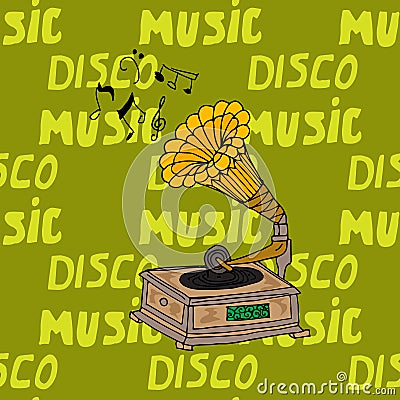 Illustration vintage music. Vintage music card with gramophone. Seamless pattern phonograph. Vector Illustration