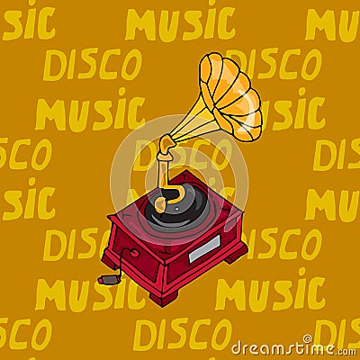 Illustration vintage music. Vintage music card with gramophone. Seamless pattern phonograph. Vector Illustration