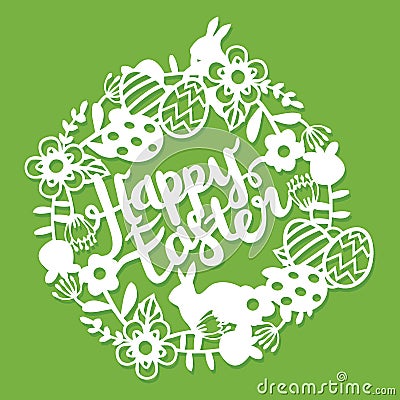 Vintage Paper Cut Floral Wreath Easter Bunnies Eggs Vector Illustration