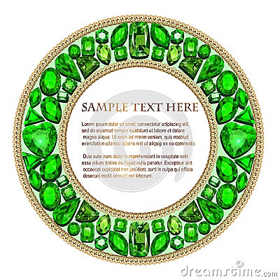 vintage round frame background with precious stones emeralds Vector Illustration