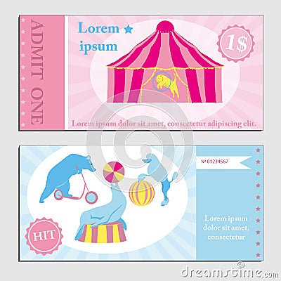 Illustration of Vintage set circus ticket template. Invitation coupon with tent, bear, pudel on arena. Vector Illustration