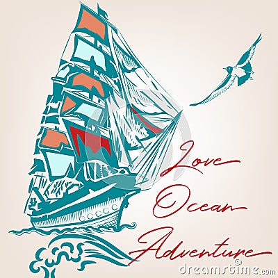 Illustration with vintage ship and sea gull. Love ocean adventure Stock Photo