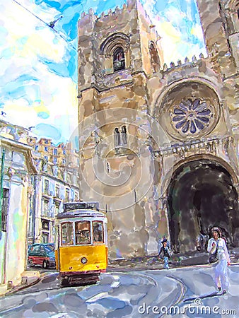 Illustration of vintage tram in lisbon district names Alfama at Cathedral Se Stock Photo