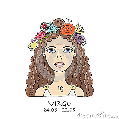 Illustration of Virgo zodiac sign. Element of Earth. Beautiful Girl Portrait. One of 12 Women in Collection For Your Vector Illustration